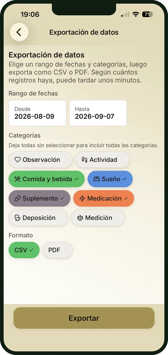 Exportación de datos como CSV o PDF