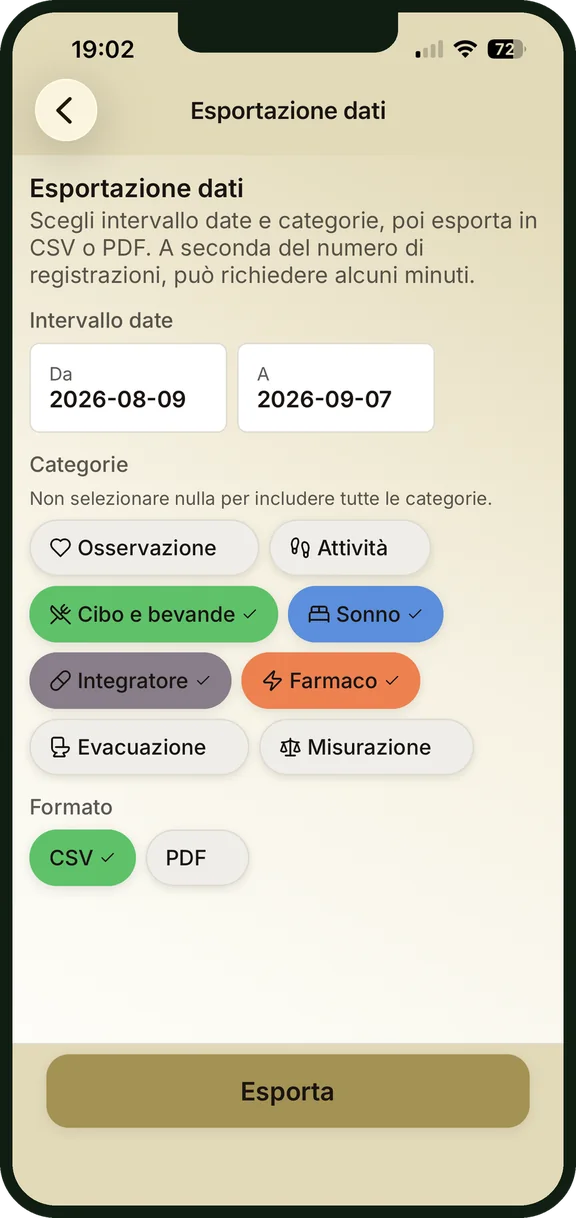 Esportazione dati come CSV o PDF