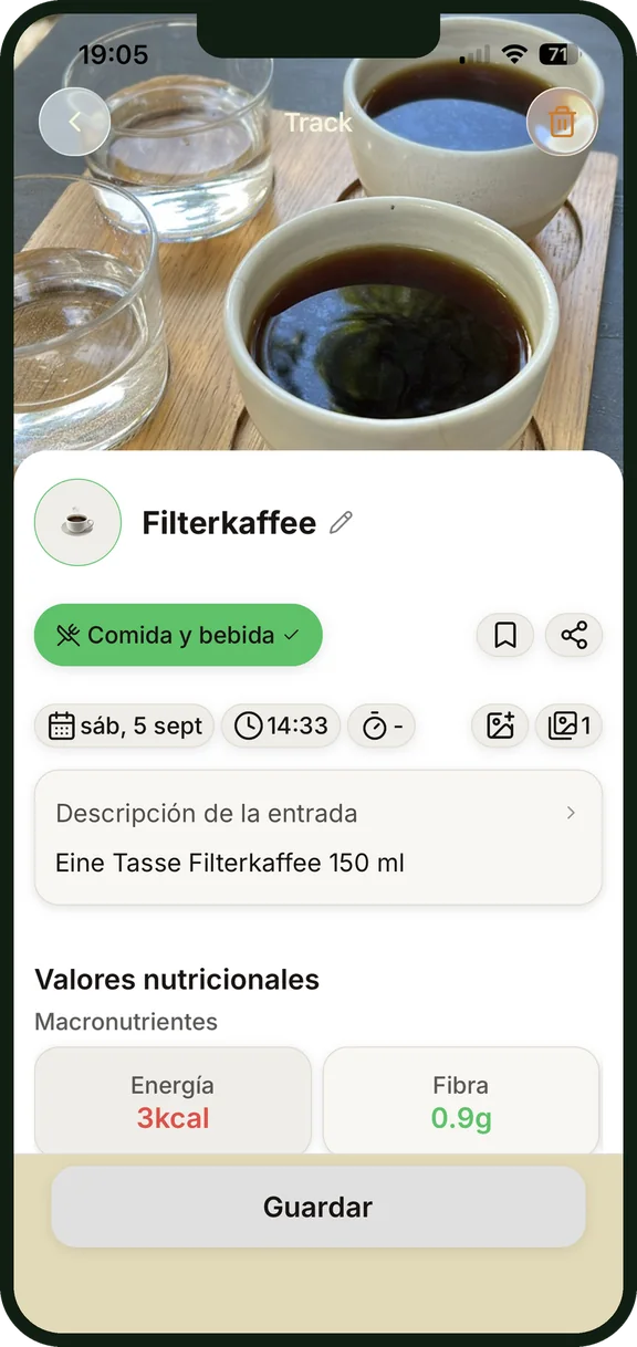 Una comida registrada con su contenido de fibra en el diario de NutriSpy
