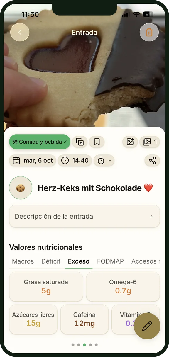 Grasas saturadas, azúcares libres y cafeína debajo de un tentempié