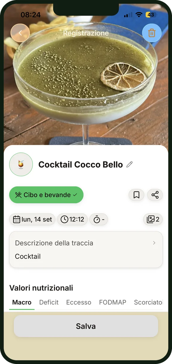 Un pasto registrato con le sue fibre nel diario di NutriSpy