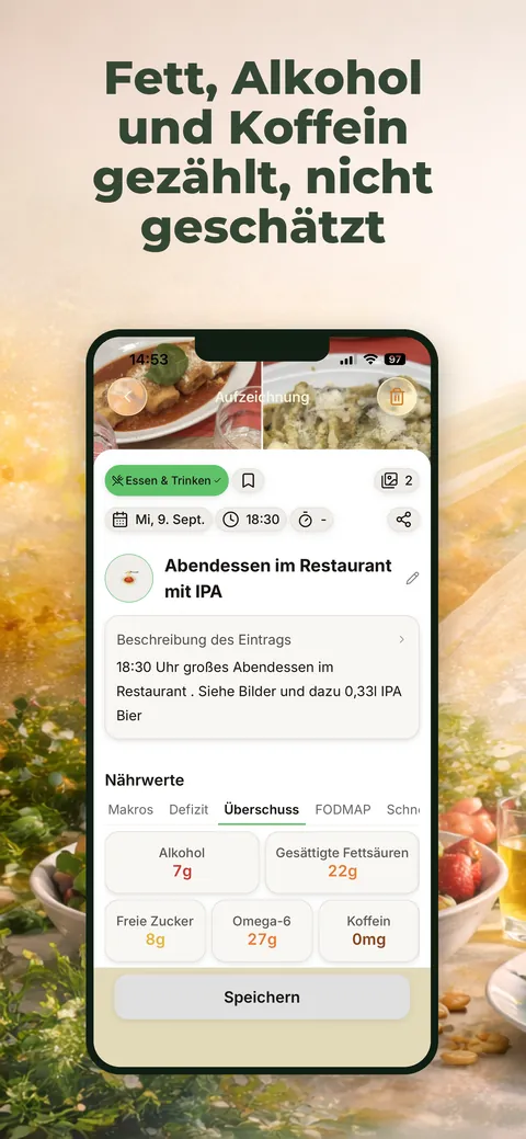 Fett, Alkohol und Koffein unter einer Mahlzeit